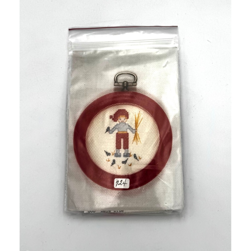Vintage Autumn Harvest Boy Cross Stitch Mini Kit Round Red Faux Wood Hoop New